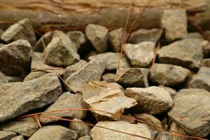 pila de roto piedras en el banco de el río foto