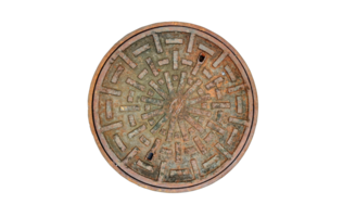 Rusted manhole cover, grunge style manhole cover, rounded edge, isolated PNG transparent