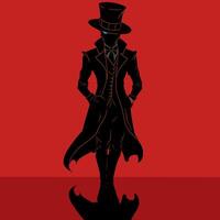 black illustration design of a man standing wearing a suit and hat on a red background vector