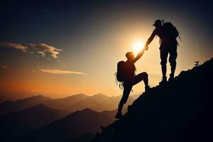 Mountain Victory, Helping Hand Silhouette at the Summit, AI Generated photo