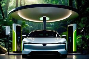 EV car getting juiced up in the woods, electric vehicle sustainability., AI Generated photo