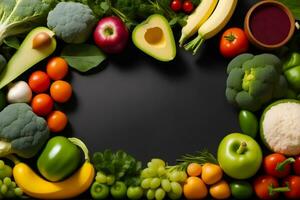 Frame of fresh vegetables on black background, top view, copy space, world vegan day, AI Generated photo