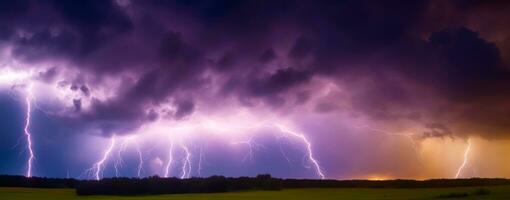 relámpago bailar, panorámico ver de paisaje tormenta, ai generado foto