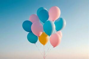 Elevate Your Mood, Pastel Balloons and a Minimal Blue Sky, AI Generated photo