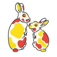 Hand Drawn Vector of Two Red and Yellow Spotted Rabbits Looking Back