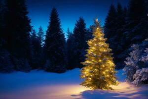 encantado invierno noche, Navidad árbol en bosque, ai generado foto
