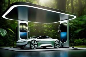 Charging an EV car in a rainforest, green energy transportation., AI Generated photo