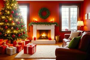 Navidad magia, acogedor escena con árbol adornos y chimenea, ai generado foto