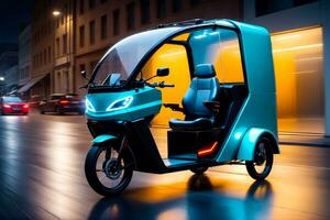 Minimalist E Cargo Trike, Tempered Glass Glows in Long Exposure, AI Generated photo