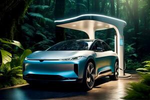 Electric Vehicle Charging in Green Environment, AI Generated photo