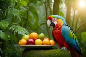 Vibrant Parrot Delighting in Sunset Feast Amidst Lush Rainforest, AI Generated photo