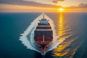 Voyage of Giants, Aerial View of Container Ship at Sunset, AI Generated photo