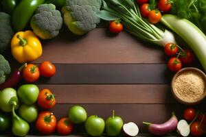 Healthy food background. Fresh vegetables on wooden table. Top view, world vegan day, AI Generated photo