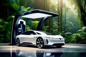 EV Car in Rainforest Environment, AI Generated photo