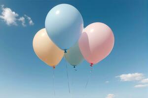 Up, Up, and Away, Pastel Balloons in a Serene Blue Sky, AI Generated photo