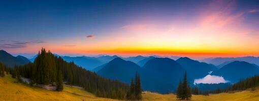 Sunset Glow on the Peaks, Mountain Panorama, AI Generated photo