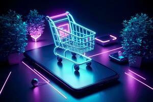 Business in the Digital Age, Smartphone Cart with Neon Glow, AI Generated photo