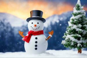 Festive Magic, Snowman, Christmas Tree, and Bokeh Beauty, AI Generated photo