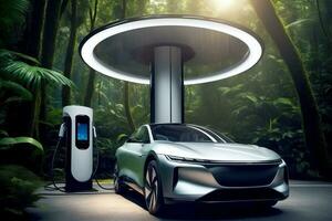 EV Car Getting Fueled Up in a Green Space, AI Generated photo