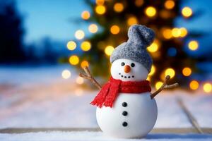 Magical Winter Scene, Snowman, Christmas Tree, and Realistic Bokeh, AI Generated photo