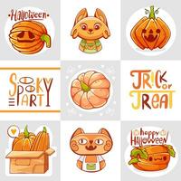 A set of vector stickers with animals and pumpkins on a Halloween theme in a cartoon style.