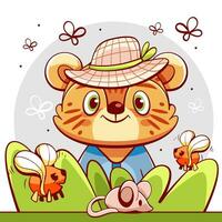 Vector cute tiger with bees, mouse and butterflies in cartoon style.