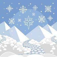 Vector winter landscape and snowflakes in flat style.