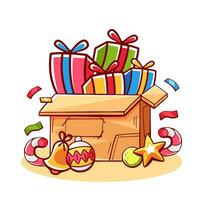 Vector composition on the theme of winter and Christmas with a box of gifts and Christmas tree toys.