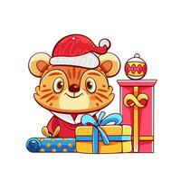 Vector composition on the theme of winter and Christmas with a cute tiger in a Santa suit, gifts and Christmas tree toys in a cartoon style.