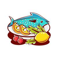 Vector fish and lemon on a plate in cartoon style