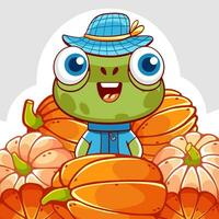 Vector cute frog and pumpkins in cartoon style.