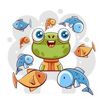 Vector cute frog and fish in cartoon style.