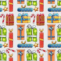 Vector pattern on the theme of winter and Christmas with gifts in a cute cartoon style.