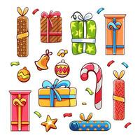 Set of Christmas gifts and Christmas tree decorations in cartoon cute style. vector