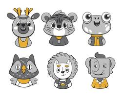 Set of vector cute animals deer, owl, frog, tiger, elephant and hedgehog in monochrome style.