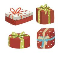 Gift box cartoon vector set. Present box cartoon vector set. Gift box wrapped in red paper with ribbon in different patterns and styles. Flat vector in cartoon style isolated on white background.