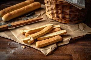 stock photo of bread stick in kitchen table flat lay AI Generated