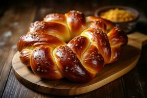 stock photo of challah bread in kitchen table flat lay AI Generated