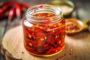 stock photo of chili oil in jar on the kitchen flat lay AI Generated