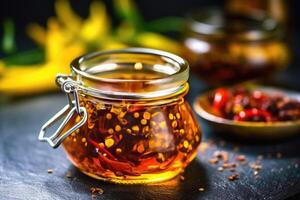 stock photo of chili oil in jar on the kitchen flat lay AI Generated