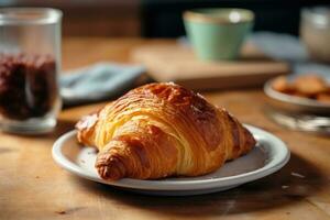 croissants con naranja rebanadas y menta hojas en un oscuro de madera mesa parte superior ver ai generado foto