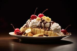 banana split with chocolate sauce and cherries photo