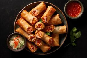 chicken spring rolls with vegetables and sauce photo
