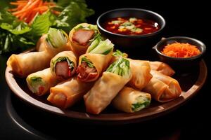 chicken spring rolls with vegetables and sauce AI Generated photo