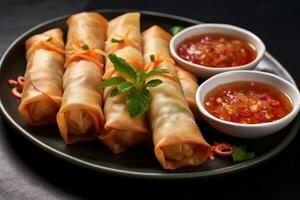 chicken spring rolls with vegetables and sauce AI Generated photo