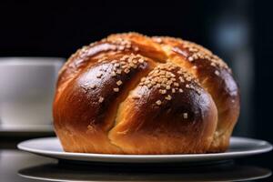 un un pan bollo en un plato con un taza de café ai generado foto