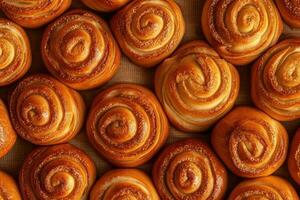 a large group of cinnamon rolls on a table photo