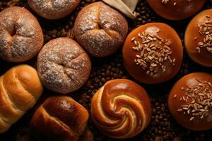 various types of breads and rolls on a table photo