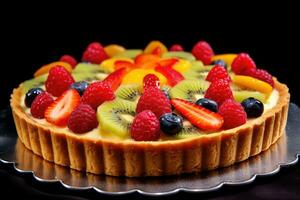 un Fruta tarta en un plato con Fresco Fruta foto