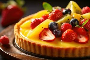 fresh fruit tart with fresh berries and kiwi fruit on a wooden plate photo